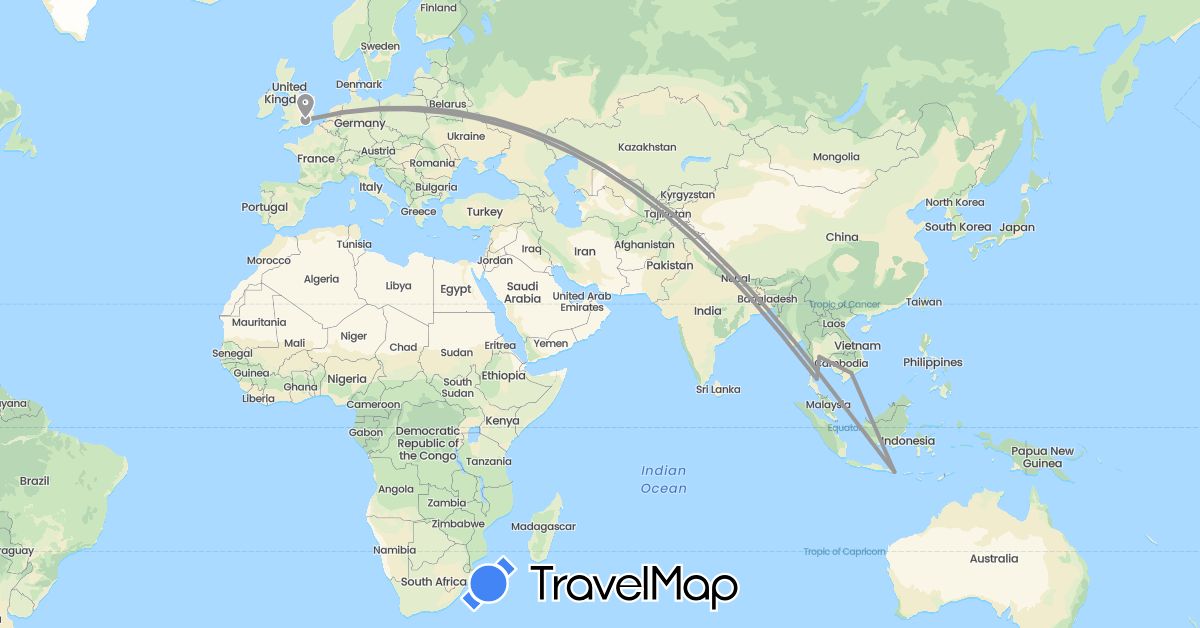 TravelMap itinerary: driving, plane in United Kingdom, Indonesia, Thailand, Vietnam (Asia, Europe)